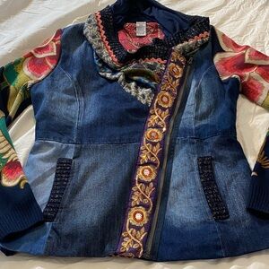 Desigual Marsella Mixed Media Denim and Knit Asymmetrical Zip Jacket